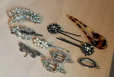 Vintage 10 Piece Lot Barrettes Clips Hair Pins Rhinestones Crystals Faux Pearls