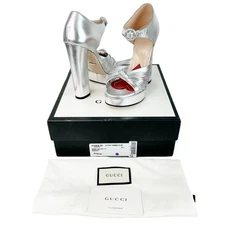 GUCCI Crawford Metallic Silver Peep Toe Platform Heels Size EU 37.5