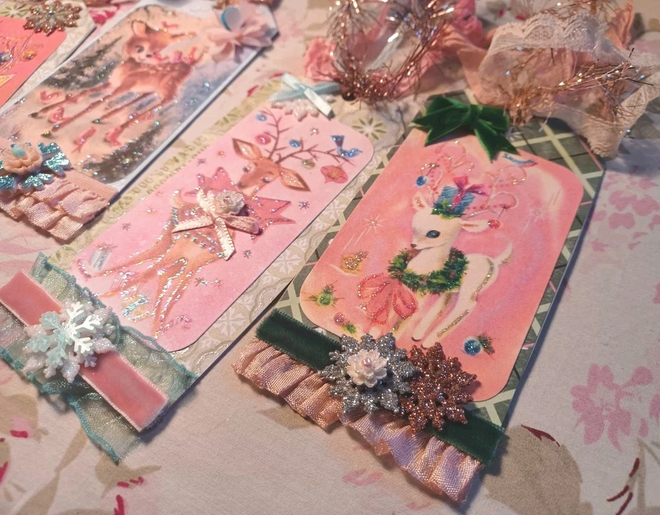 Precioso juego de (4) etiquetas colgantes de regalo de Navidad Shabby Chic rosa brillante ciervo kitsch Foto 4 de 4