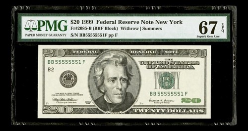 Near Solid Serial Number 55555551 1999 $20 Dollar Fancy Binary Serial PMG 67 EPQ - Picture 1 of 2