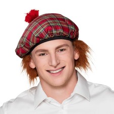 Stk Barett Mr Tartan rot mit Haar Schotte Per&uuml;cke Hut