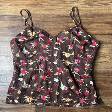 Vintage Womens Mexx Y2K Brown with Colour Floral Babydoll Top Strappy Sleeve 14