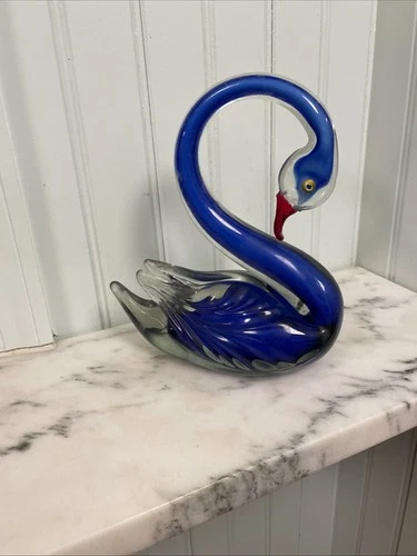 Vintage Murano Art Glass Swan Bird Sommerso Blue  Clear Neck Figurine 10.5