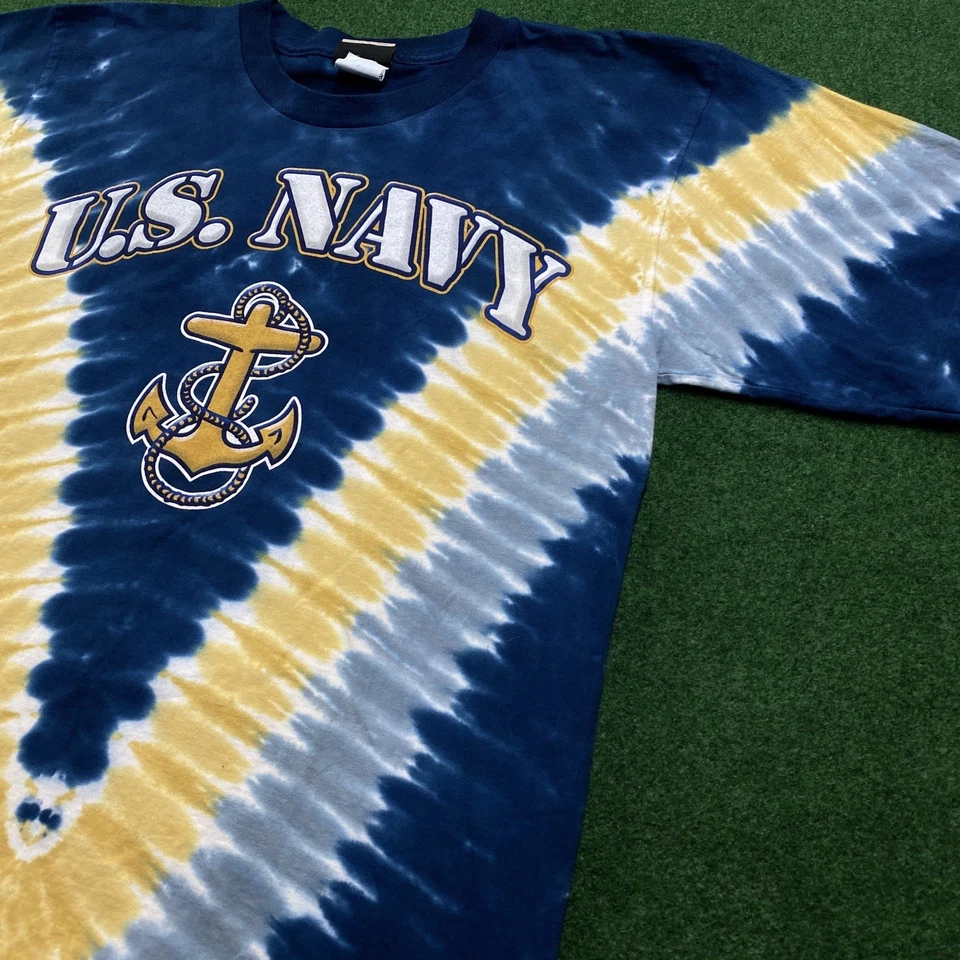 Vintage U.S. Navy Shirt Mens M Blue 90S Y2K Military Liquid Blue Tie Dye Tee - Image 2 of 4