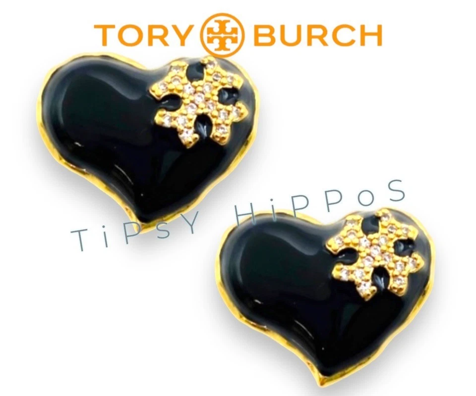 Hermosos pendientes Tory Burch en forma de corazón dorado y negro Foto 2 de 4
