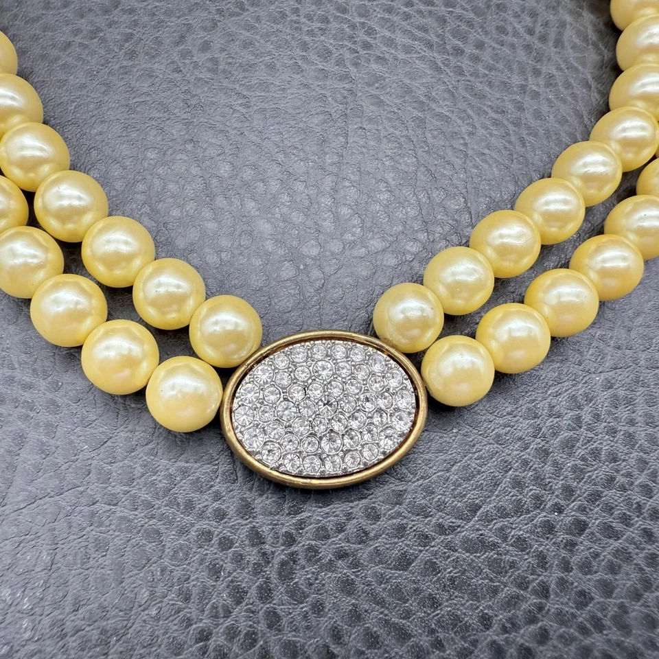 Collar Vintage Avon Doble Hilo Imitación Perla Tono Dorado Cristal Cierre Ovalado 17" Foto 3 de 4