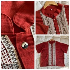 Guayabera Mexican Shirt Cotton Linen Mens 3X Brick Red Boho Embroidery Festival
