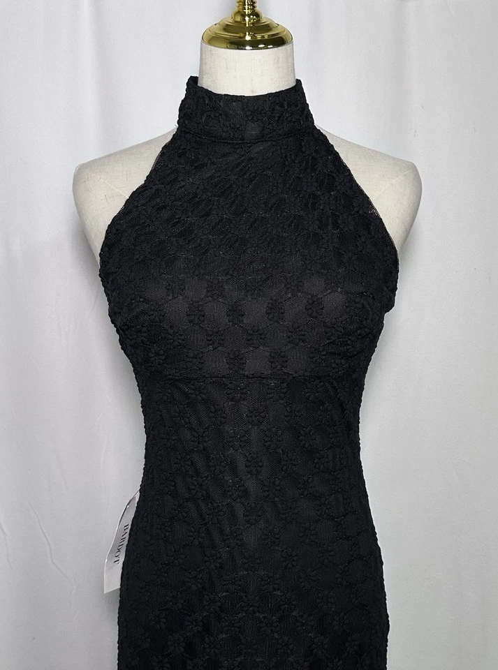 Bardot Maxi Gown Dress Large Sleeveless High Neck Halter Open Back Lace Black - Image 2 of 4