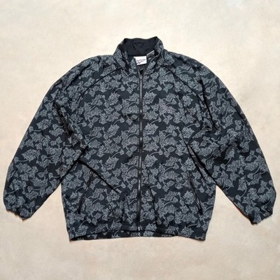 Vintage Reebok Windbreak Jacket Mens LARGE Black Leaf Leaves All Over Print