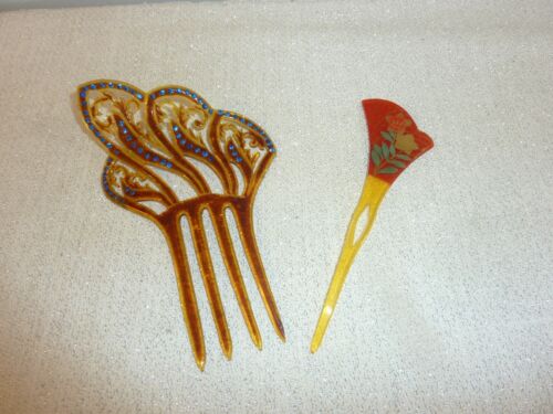 2 Vintage Hair Combs Art Deco Blue Rhinestone Tortoise + Asian Pick 5.5 - 6.5"