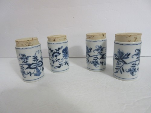 Vintage Blue Danube Japan Blue Onion Set of 4 Spice Jar Jars with Cork Lids