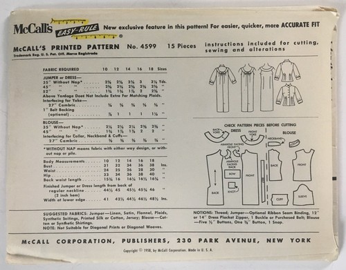 1958 Vintage McCalls Chemise Jumper or Dress & Blouse Pattern #4599 Size 14 - Picture 2 of 2
