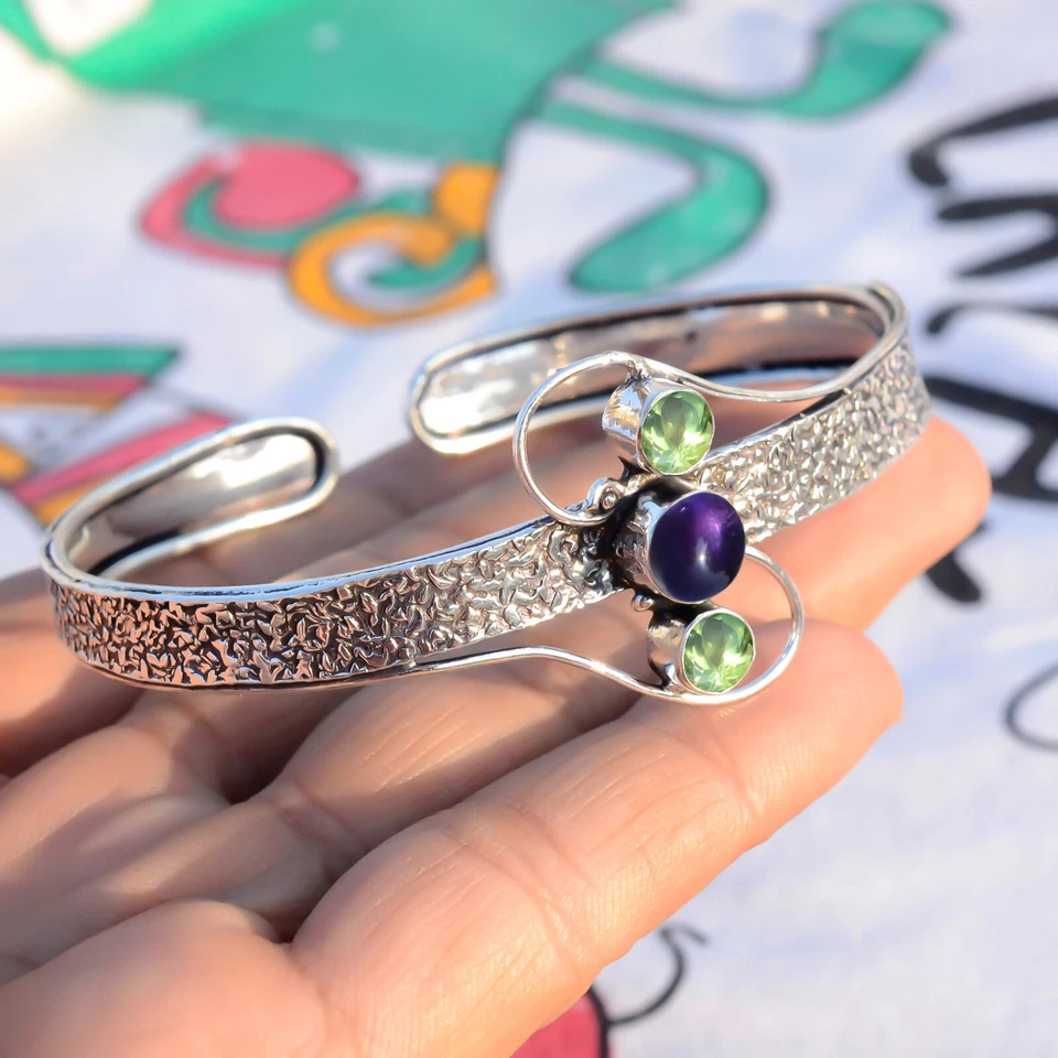 Runder Amethyst & Peridot Schliff Edelstein 925 Sterling Silber Charming Armr... - Bild 2 von 4