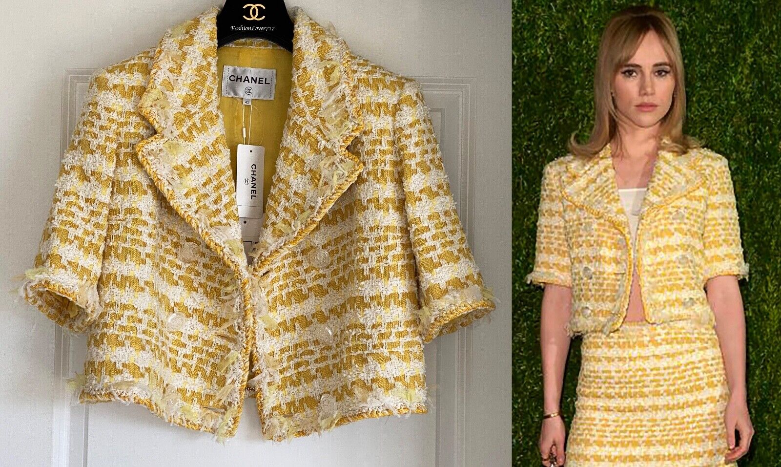 Chanel Boutique Yellow and White Boucle Short Sleeve Jacket Size 40