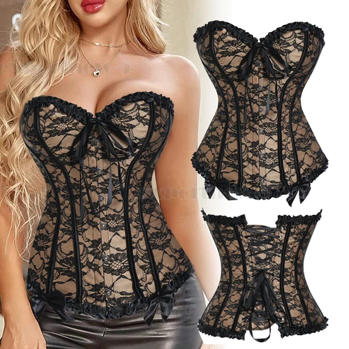 Damen Sexy Überbrust Taille Trainer Schnür Korsett Vintage Bustier Top Übergröße - Bild 20 von 28