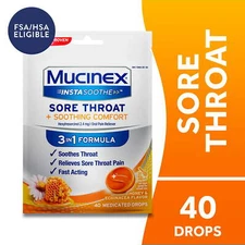Mucinex Instasoothe Sore Throat Lozenges FSA Honey & Echinacea Flavor 40 Medicat