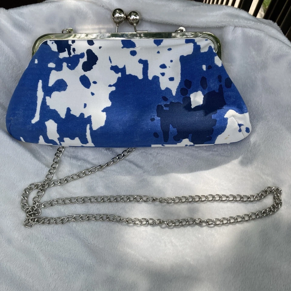 Donna Dixon Handbag Purse Blue Small Shoulder Crossbody Chain Canvas Kiss Clasp - Image 2 of 4