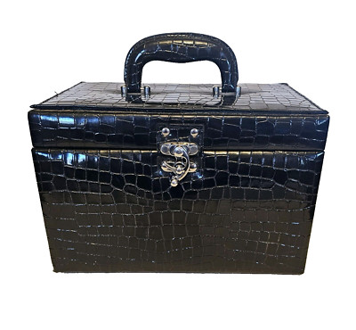 Black Patent Croc Cosmetic Travel Makeup Organizer w Drawer Footed 12 x 8'' x 7''