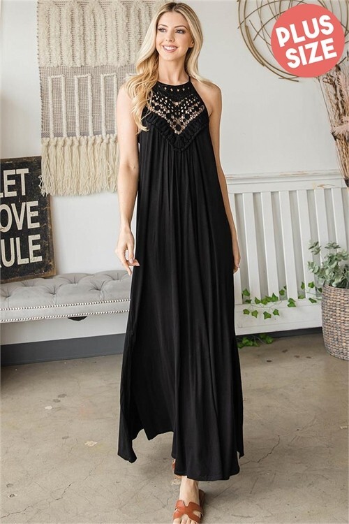 Womens Plus Size Black Maxi Dress 1XL Crocheted Lace Neckline Sleeveless |  eBay
