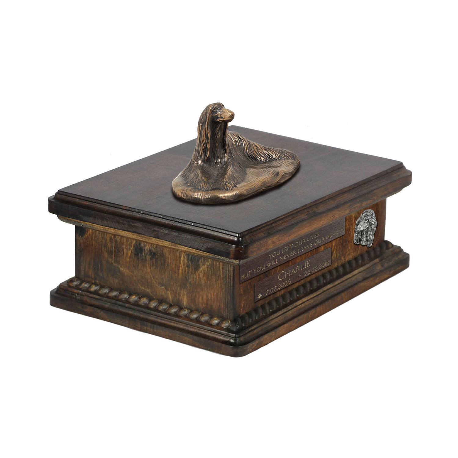 Mastino afgano I urna di legno bassa con un'immagine Art-Dog