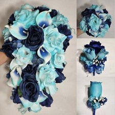 Turquoise Navy Blue Rose Calla Lily Bridal Wedding Bouquet Accessories