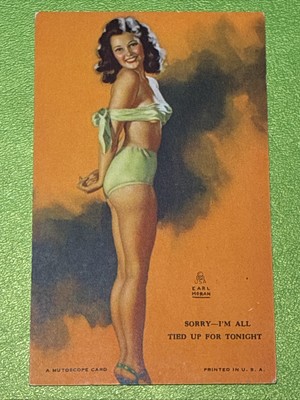 1945 Mutoscope Artist Pinup Girls Card 5.25 x3.25  Sorry I m All Tied Up   7P6