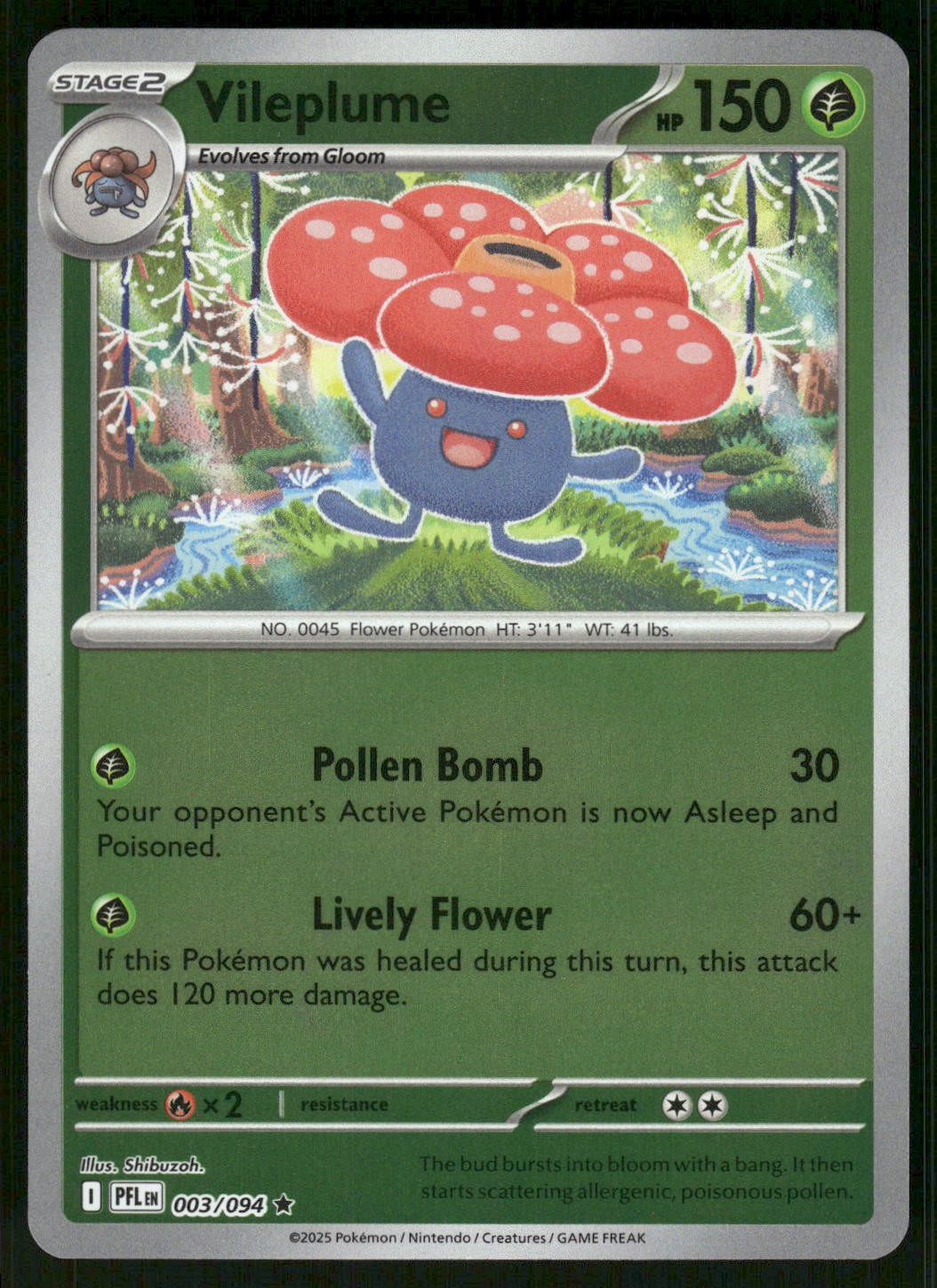 2025 Near Mint Pokemon Vileplume 003/094 Phantasmal Flames PFL