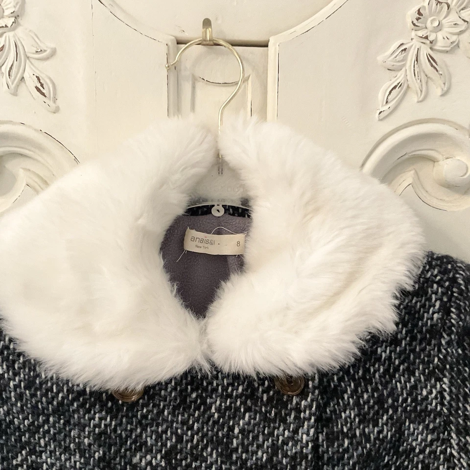 Anais & I Girls Coat 8 Black Blue White Tweed Removable Fur Collar Vintage USA - Image 4 of 4