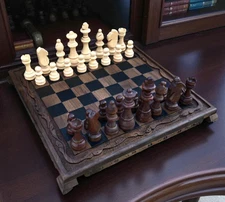Chess Set Vintage Walnut Board–  Wooden Staunton Handmade 14.2", Gift for Dad 🎁