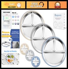 9" Divided Stainless Steel Toddler Plates with Silicone Suction - 3 Pack, Non-To
