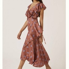 Anthropologie Ruffle Sleeve Floral Printed Wrap Midi Dress Brown Red Blue Small