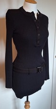 KOOKAI Mod Black Ribbed Woolen Mini Edie Sedgwick Belted Dress 60s Look 8-10 UK