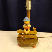 Vintage Nursery Child's Lamp All Wood With Figurines Boy/Flute, Bird, Dog