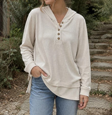 J Jill Cream Ribbed 1/4 Button Pullover Henley Sweatshirt Hoodie Women's SZ M
