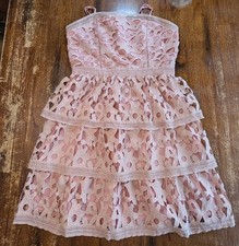 Chi Chi London Sleeveless Dress Womens Size 10 Pink Tiered Ruffle Crochet Lace