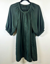 Quince Silk Twill Green Shirt Dress, Button Front, Puff 3/4 Sleeve Sz S