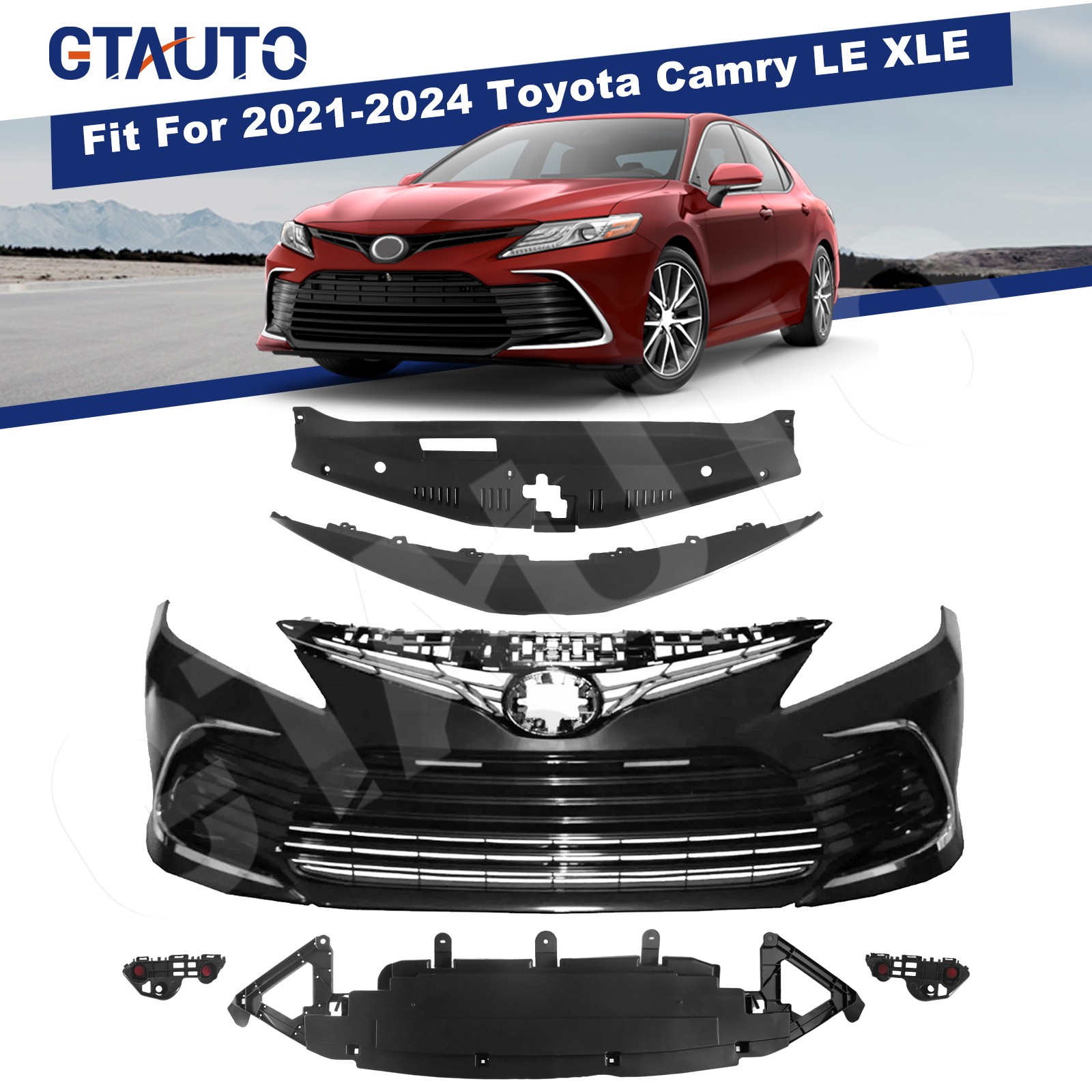 Front Bumper Grille Set w/Chrome Grill For 2021-2024 Toyota Camry LE XLE Black