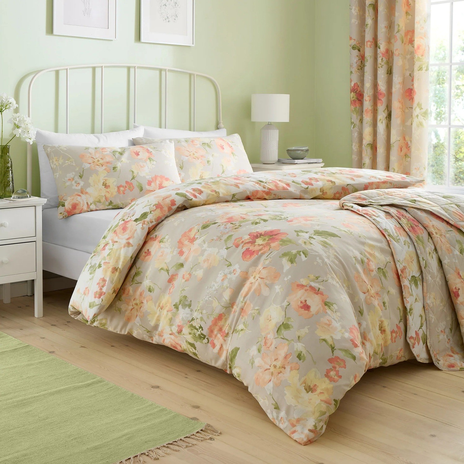 Natural Peach Coral Flowers Duvet Cover Hand Painted Quilt Bedding Set Double