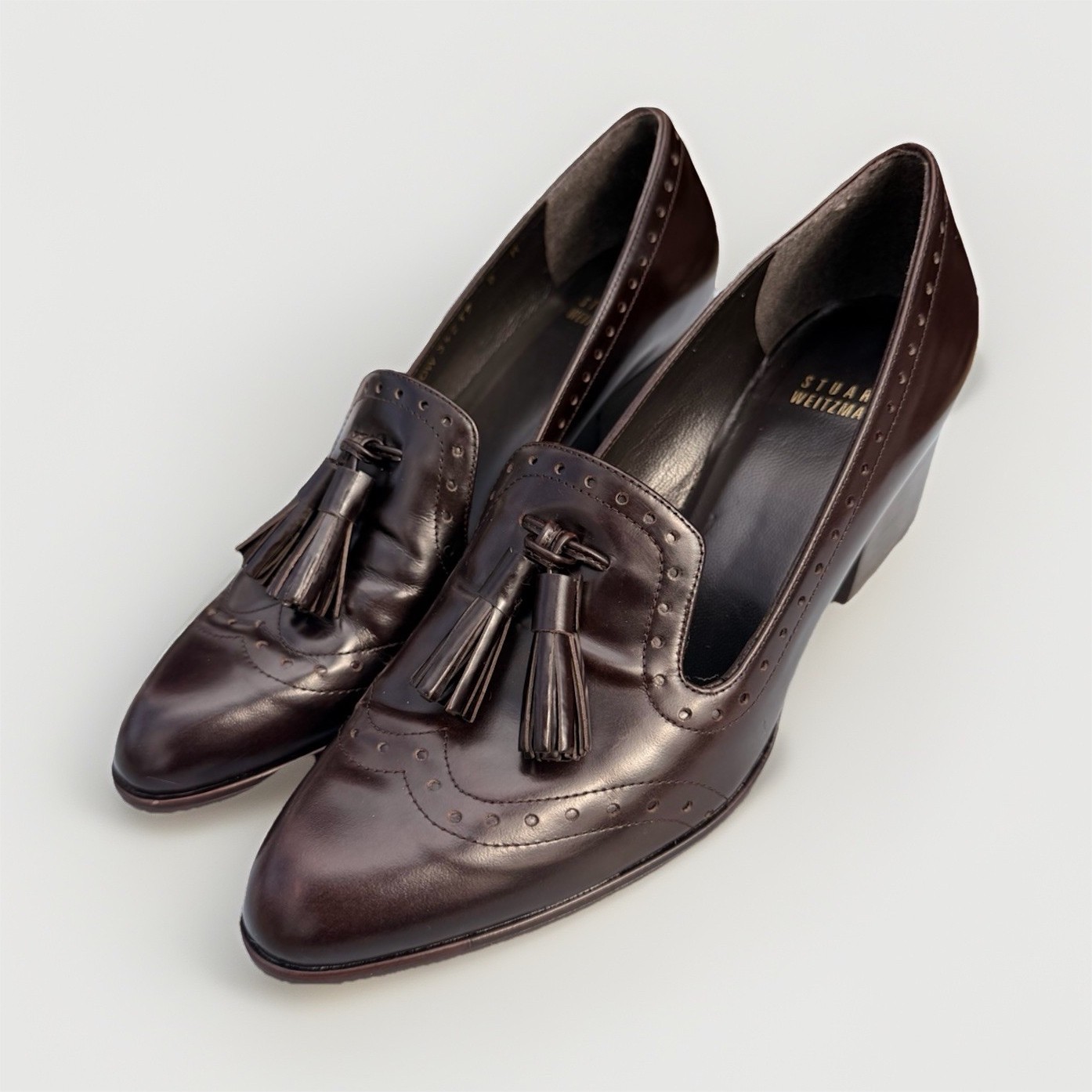 Stuart Weitzman Brown Leather Tassel Block Pump Slip On Women's