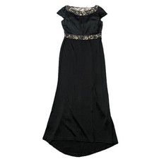 St John Gown Maxi Dress Sz 8 Bateau Neckline Black Sequin Front Slit Cap Sleeve