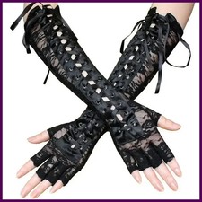 Women  s Lace Fingerless Gloves Elbow Length Dance Party Mesh Mittens Black