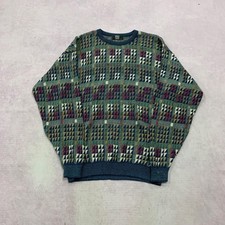 Vintage Knitted Jumper abstract patterned grandad knit sweater Men's 2XL
