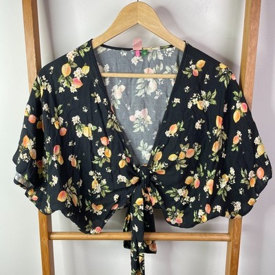 Farm Rio Blouse Top Womens Medium Black Floral Lemon Print Dolman Sleeve Cropped
