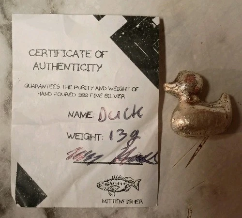 13 grams Hand Pour Duck .999 Fine Silver w/ COA. Cute/Unique!