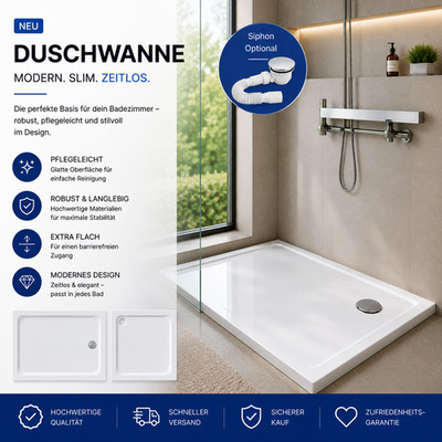 VILSTEIN Duschtasse Duschwanne Flach 80x80 90x90 120x90 120x100 | 70 bis 120 cm