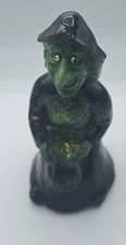 FENTON ART GLASS BLACK WITCH WITH BAG OF TRICKS SWAROVSKI CRYSTAL GREEN EYES