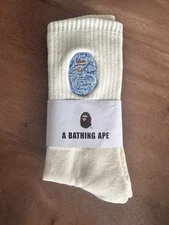 🐵 BAPE   A Bathing Ape Long Crew Socks • White - Blue Head • Size Large • BNWT