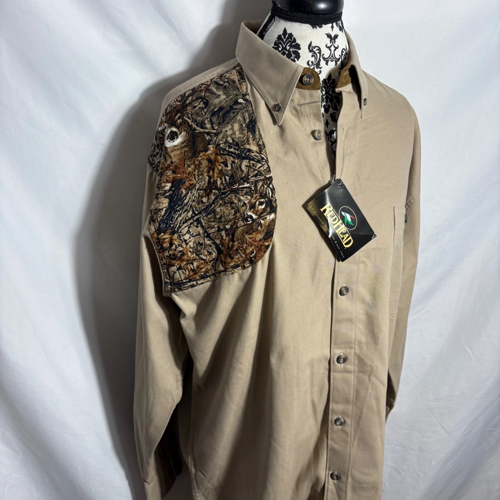 RedHead Mens Button Down Shirt Long Sleeve Camo Hunting Outdoors Tan Medium