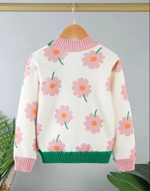 NEW Boutique Girls Floral Pink White Flower Cardigan Sweater