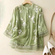 Women'S Cotton Linen Floral Shirts Embroidery Chinese Style Loose Blouse